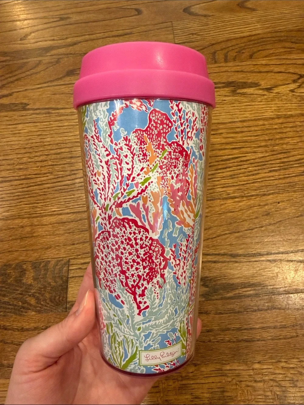 Lilly Pulitzer Coral & Aqua Patterned Travel Tumbler with Pink Lid